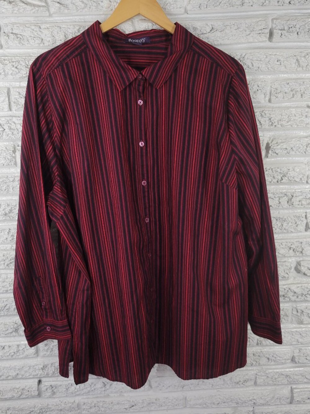 Roamans 26W Burgundy Red Striped Button Up Shirt Womens Plus Cotton STR213E